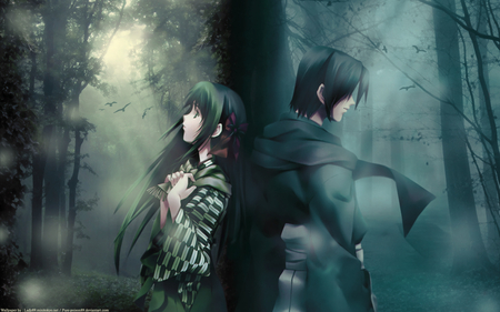 different path - anime couple, cute, forest, sad