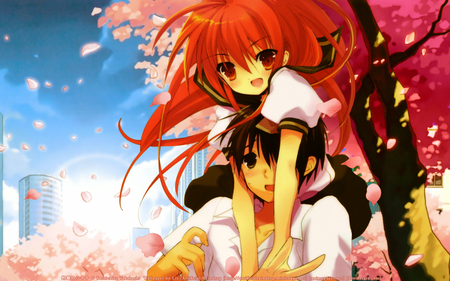 Anime - sky, anime couple, cherry tree, sun, cute