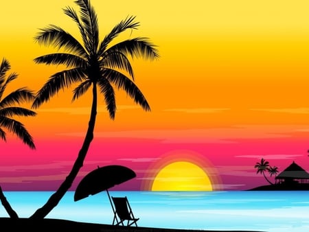 Sunset-in-the-tropics - sky, chair, beach, 3d, sun, palms, colored, sunset