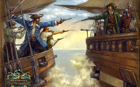 Fighting Duel - sail, battle, water, people, guns, ships, ocean, drawn