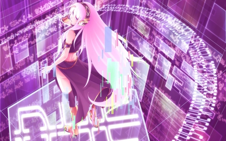 Megurine Luka - aqua, headset, thighhighs, music, room, anime girl, white, art, cool, aqua eyes, artistic, song, vocaloids, program, vocaloid, beautiful, pink, uniform, diva, nice, beauty, singer, black, virtual, pretty, idol, megurine luka, anime, cute, megurine, luka, girl, pink hair, cg, microphone, headphones, digital, awesome, outfit