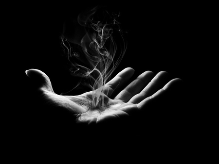 Hand - black and white, people, mist, hand