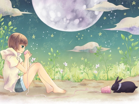 Sweet anime girl - cloud, fantasy, moon, anime, girl, bunny