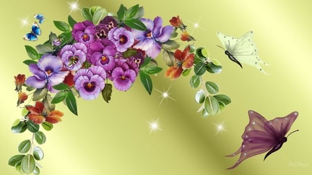 Start of a Beautiful Day - lavender, butterflies, swag, gold, sparkls, stars, firefox persona, leaves, pansies, purple, green