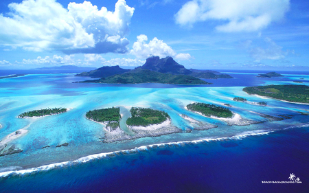 Awesome Reefs on Bora Bora Beach, Northwest of Tahiti - clouds, water, blue, island, ocean, borabora, tahiti, green, sky