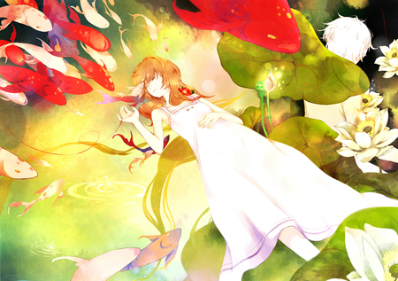 Pond - water, pond, dress, girl, flowers, boy, white, sleep, lily pads, koi, fish