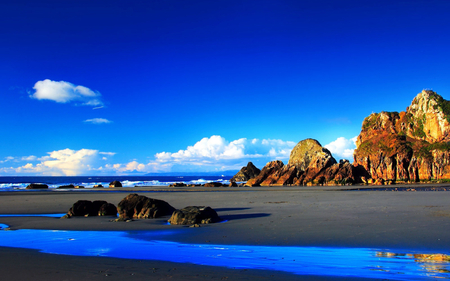 blue nature - sky, beach, photography, wet, water, rocks, white, beautiful, clouds, blue