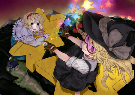 Touhou - hat, blomde hair, dress, long hair, head band, 2girls, kirisame marisa, alice margatroid, blue eyes