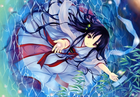 Original - brown eyes, water, wet, long hair, kimono, black hair