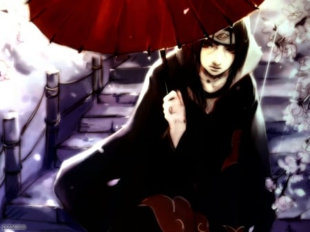 Uchiha Itachi - cloak, umbrella, itachi uchiha, akatsuki, naruto, snow, headband