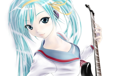 Hatsune Miku - outfit, virtual, miku, digital, vocaloids, song, microphone, uniform, singer, cool, headphones, awesome, vocaloid, yellow, anime, twintail, school uniform, cg, aqua hair, realistic, hatsune, black, cute, guitar, beautiful, girl, anime girl, real, school, white, realism, program, aqua eyes, artistic, pretty, aqua, beauty, art, diva, nice, idol, headset, music, hatsune miku