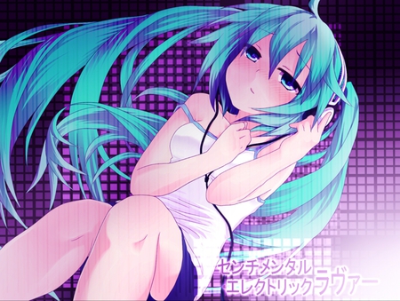 Hatsune Miku - pretty, artistic, headphones, face, nice, program, tank top, hot, thighhighs, beauty, virtual, cg, white, cute, aqua eyes, song, outfit, sexy, vocaloid, anime, twintail, hatsune miku, microphone, music, aqua, art, idol, anime girl, beautiful, singer, girl, blush, cool, black, miku, awesome, diva, digital, aqua hair, hatsune, vocaloids, headset