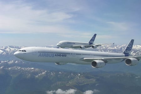 Airbus A340 and A380 - aircraft, airbus, airplane, airliner