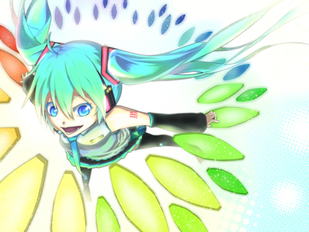 Hatsune Miku - hatsune, yellow, 01, vocaloid, blue, green, miku, fly