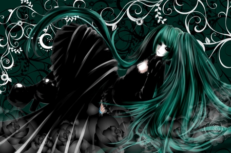 Hatsune Miku - aqua, angel, music, anime girl, darkness, white, art, dark, cool, aqua eyes, artistic, hatsune miku, song, vocaloids, program, vocaloid, beautiful, diva, dress, nice, beauty, singer, evil, aqua hair, black, gothic, virtual, sense, pretty, idol, anime, miku, cute, vines, girl, cg, hatsune, flowers, digital, awesome