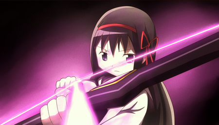 Akemi Homura - akemi homura, mahou shoujo madoka magica, girl, ribbons, black hair, bow, weapon, anime, purple eyes