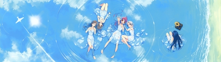 Looking At The Clouds - girls, clouds, water, dress, music box, ocean, reflection, sky