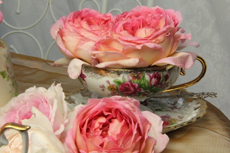 My Cup Runneth,Over - roses, spoon, beautiful, gold, saucer, pink, cup, peach