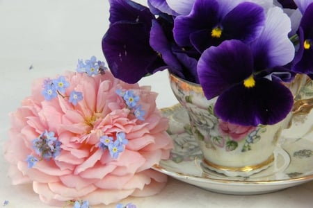 Tea for One - saucer, rose, pansies, cup, purple, pretty, pink, forget me nots, blue