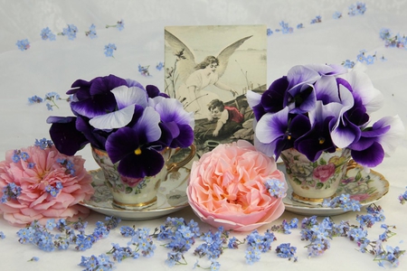 Tea for Two - saucers, roses, cups, pansies, purple, pretty, blue, pink, forget me nots, photo