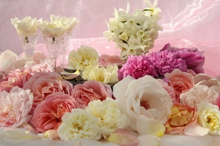 Say it with Flowers - white, glasses, roses, pink, petals, peach, beautiful, narcissus