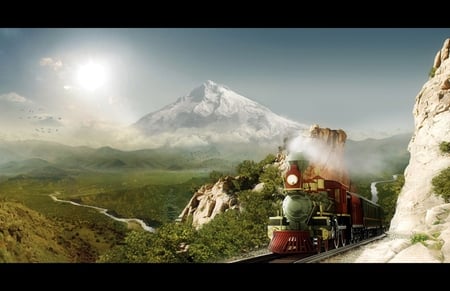 LONG WAY HOME - train, locomotive, sky, sun, river, tracks, mountains