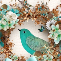 Bird and Flowers Cyan