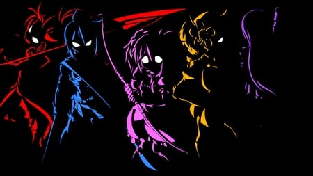 Dark Figures - anime, yellow, blue, sword, shadow, dark, purple, red, weapon