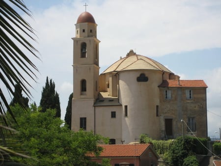 Church in Cervo, Italy - clouds, trees, tower, church, religious, tree, gree, cloud, italy, sky