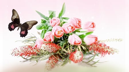 Tulips of Pink - flowers, tulips, spirng, butterfly, firefox persona, pink