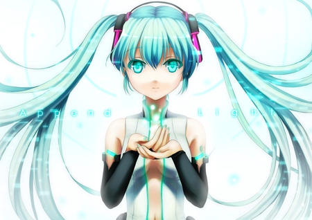 Miku Append - pretty, artistic, pink, light, uniform, headphones, nice, program, append, beauty, virtual, cg, white, green, cute, aqua eyes, song, outfit, vocaloid, anime, twintail, hatsune miku, microphone, music, aqua, art, idol, anime girl, miku append, beautiful, singer, girl, cool, black, glow, miku, awesome, diva, digital, aqua hair, hatsune, vocaloids, headset