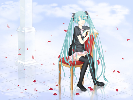 Hatsune Miku - tie, pretty, artistic, pink, uniform, princess, nice, program, thighhighs, beauty, virtual, petals, chair, cg, white, cute, aqua eyes, song, outfit, vocaloid, anime, twintail, hatsune miku, music, aqua, stockings, red, art, sky, idol, clouds, anime girl, skirt, beautiful, singer, girl, cool, black, miku, awesome, diva, digital, aqua hair, hatsune, vocaloids