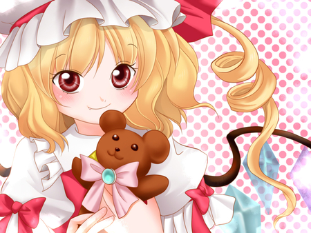 Touhou - anime, flandre scarlet, girl, project, blush, blonde hair, fang, red eyes, kawai, bear, yuzuna, touhou, wings, cute, close