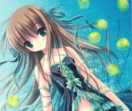 Green Apples - anime, water, dress, girl, ribbon, bow, long hair, green apples