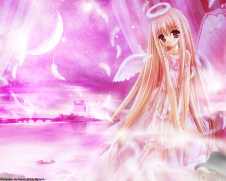 Angel - moon, feathers, angel, girl, long hair, wings, halo, pink, anime, cute, dress, blonde