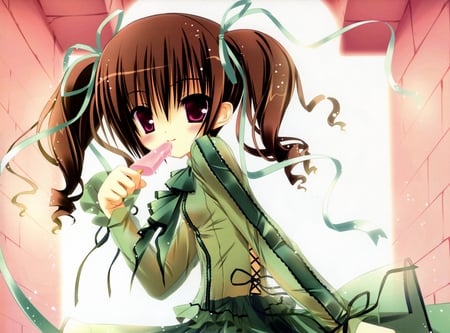 Anime - ice cream, skirt, bow, girl, popsicle, anime, pigtails, ribbon