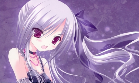 Purple - choker, anime, ponytail, girl, fang, angry, necklace, purple, ribbon, bow