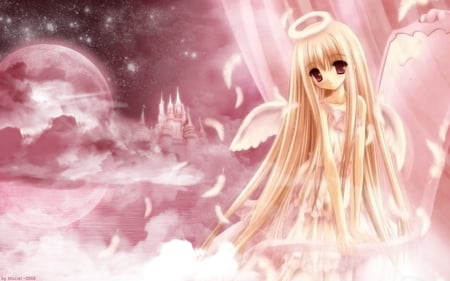 Angel - clouds, moon, anime, girl, blonde, angel, night, long hair, stars, halo, wings, feathers, castle