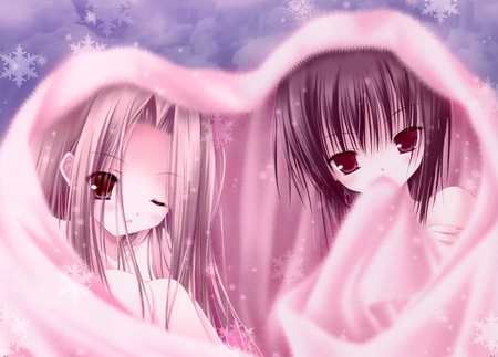 Cold Night - girls, anime, winter, blanket, snowflakes, snow, cozy, night