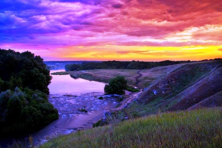 Fantasies of Color - lakes, sky, clouds, red, colors, fantasy, blue yellow