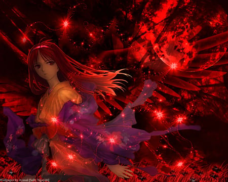 Crimson night - anime, forest, long hair, red light