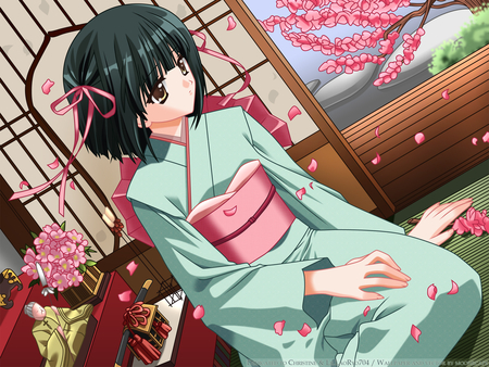 Cute anime - woman, beauty, sakura flowers, female, white, blue kimono, wood, brown, cherry blossom, anime, green, kimono, cute, short hair, lady, girl, soft, lovely, short  hair, sprin, blue, beautiful, pink, flowers