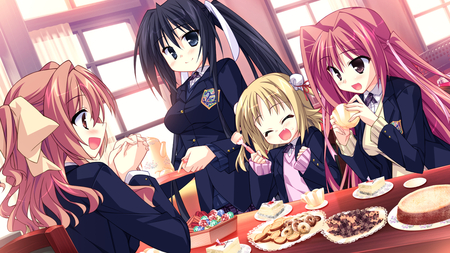 Let's eat. - kouda hazumi, sexy, girl, matsuoka kanade, kawai, seifuku, game cg, natsume otona, fang, cool, hinata mutsuki, izumi kyouka, anime, skyfish, food, cute