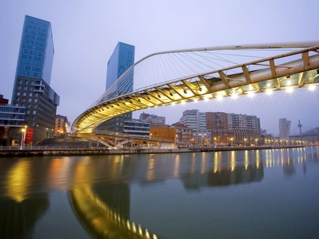 Zubizuri Bridge, Spain - lights, wallpaper, water, photo, zubizuri, wall, bridge, buildings, spain, architecture, reflection, picture, europe, city, photography, image