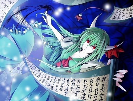 incantation - girl, blue, long hair, green, anime, incantation