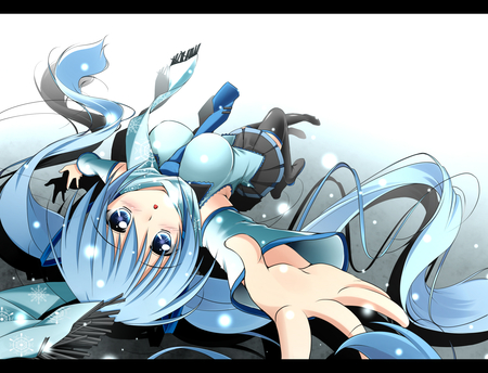 miku - school unifrom, miku, snowflakes, twin tails, cute, tie, big eyes, anime