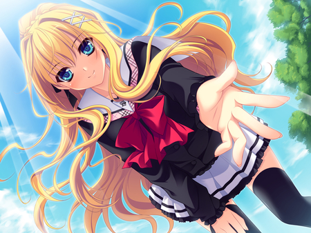 come here - pretty, school, blonde, blush, cloudstree, long hair, blu eyes, leaves, school uniform, sun light, cute, sky