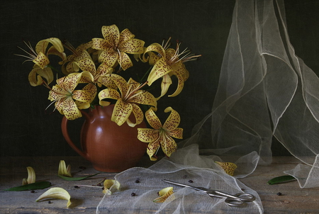 still life - pretty, elegantly, lilies, photo, flowers, scissors, nice, beautiful, photography, beauty, kettle, lovely, cool, still life, flower, petals, bouquet, lily, harmony, scarf