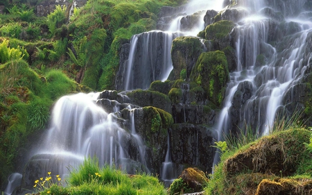 Flowing Down - day, water, waterfall, plants, nature, flowing, green, rock, grass