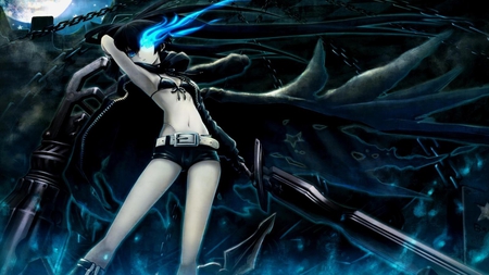 rock shooter - girl, shooters, blue eye, bra, black, shorts, anime, blue light, rock shooter